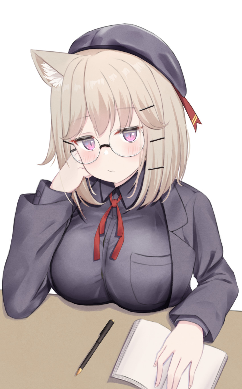 1girl, animal_ears, arknights, beret, black_hat, black_jacket, black_shirt, blush