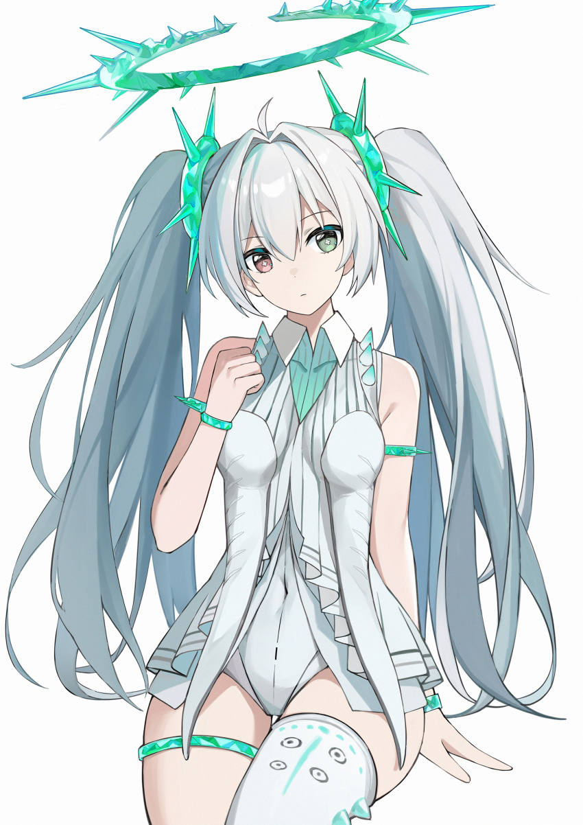 1girl, absurdres, armlet, asymmetrical_legwear, bodysuit, bracelet, commentary_request, green_eyes