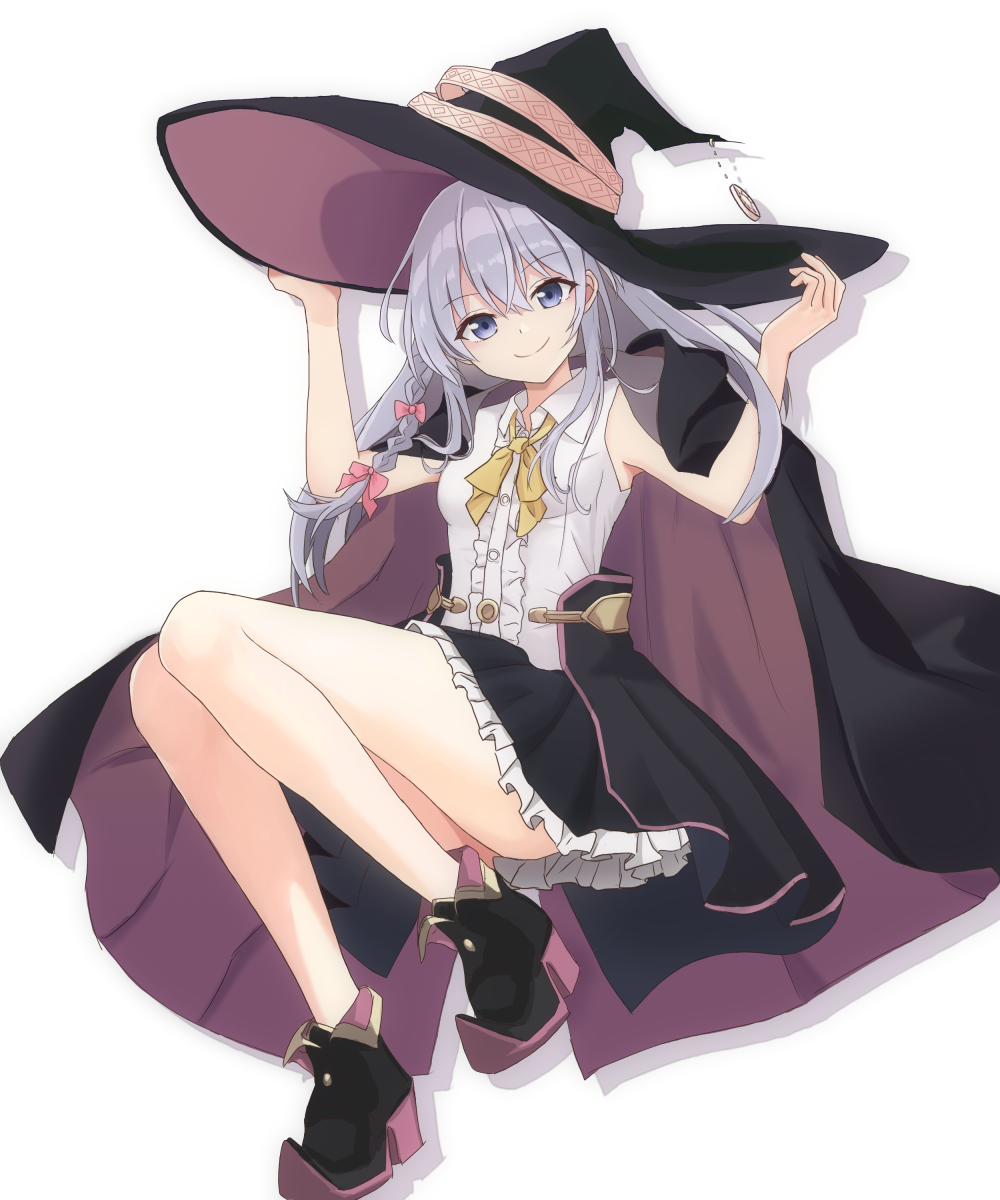 1girl, bare_arms, black_cape, black_footwear, black_hat, black_skirt, blue_eyes, bow, bowtie, braid, breasts, cape, closed_mouth, collared_shirt, dress_shirt, elaina_(majo_no_tabitabi), floating_hair, frilled_skirt, frills, grey_hair, hair_between_eyes, hair_bow, hat, highres, long_hair, looking_at_viewer, majo_no_tabitabi, miniskirt, pink_bow, pleated_skirt, shirt, simple_background, single_braid, skirt, sleeveless, sleeveless_shirt, small_breasts, smile, solo, sumishake, white_background, white_shirt, wing_collar, witch_hat, yellow_bow, yellow_bowtie