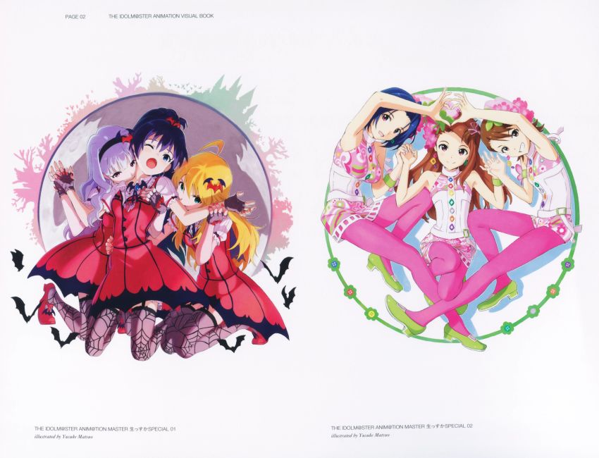 four-finger_heart_hands, 6+girls, :d, absurdres, ahoge, artist_name, bare_arms, bat_hair_ornament