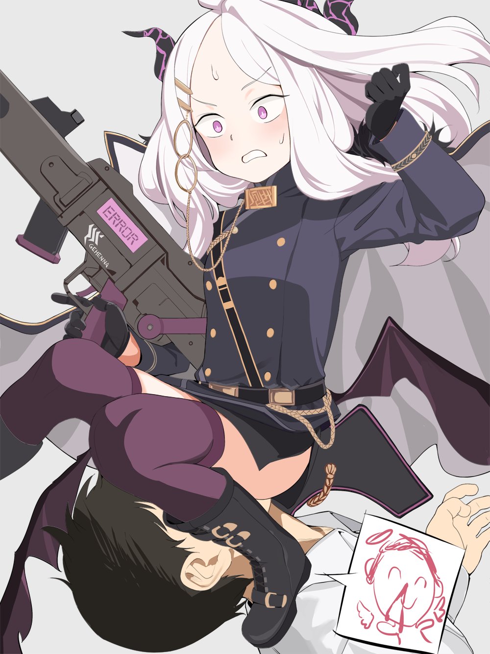 1boy, 1girl, bat_wings, black_wings, blue_archive, boots, demon_horns, doodle_sensei_(blue_archive)