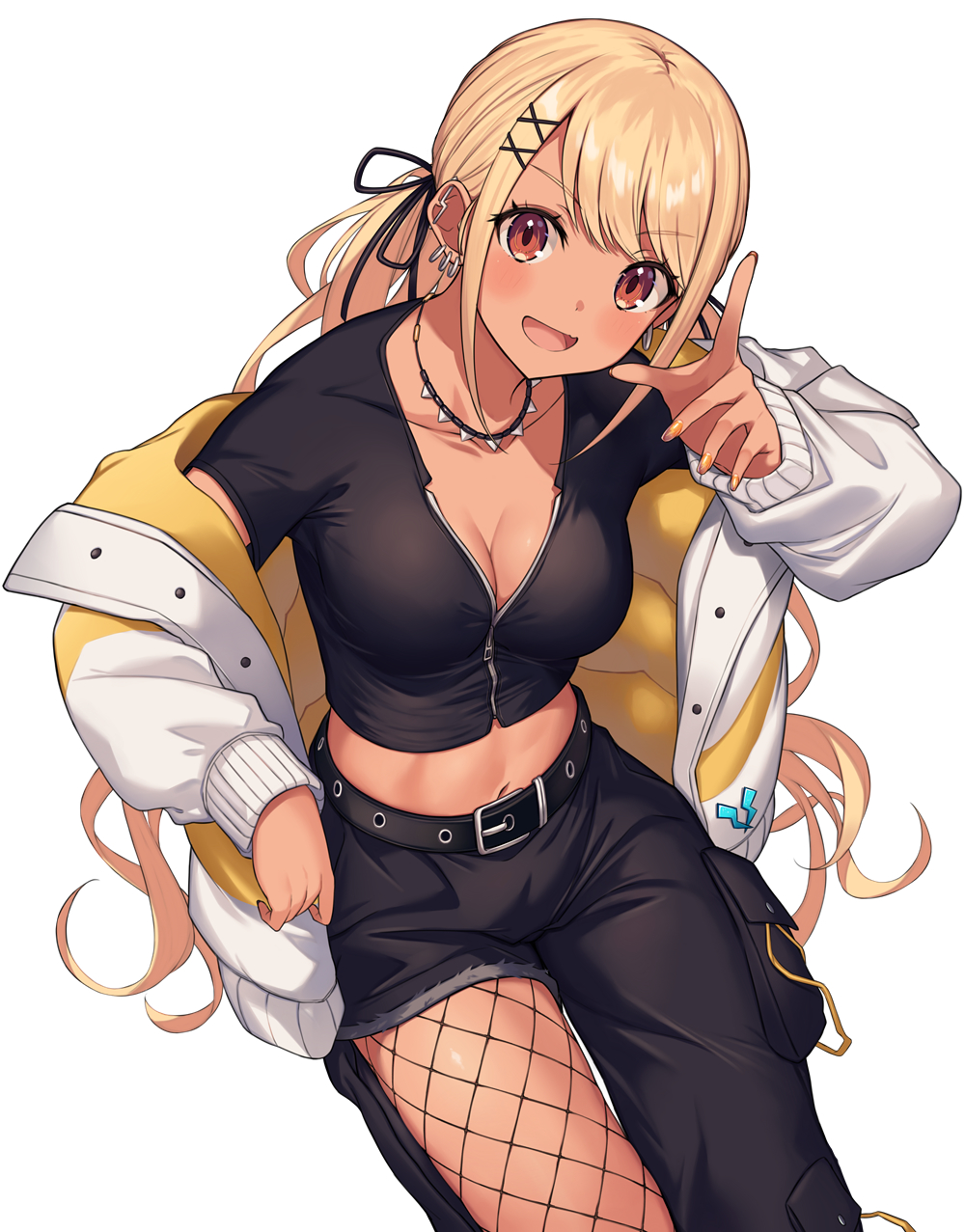 1girl, asymmetrical_clothes, asymmetrical_legwear, belt, blonde_hair, blush, breasts, brown_eyes