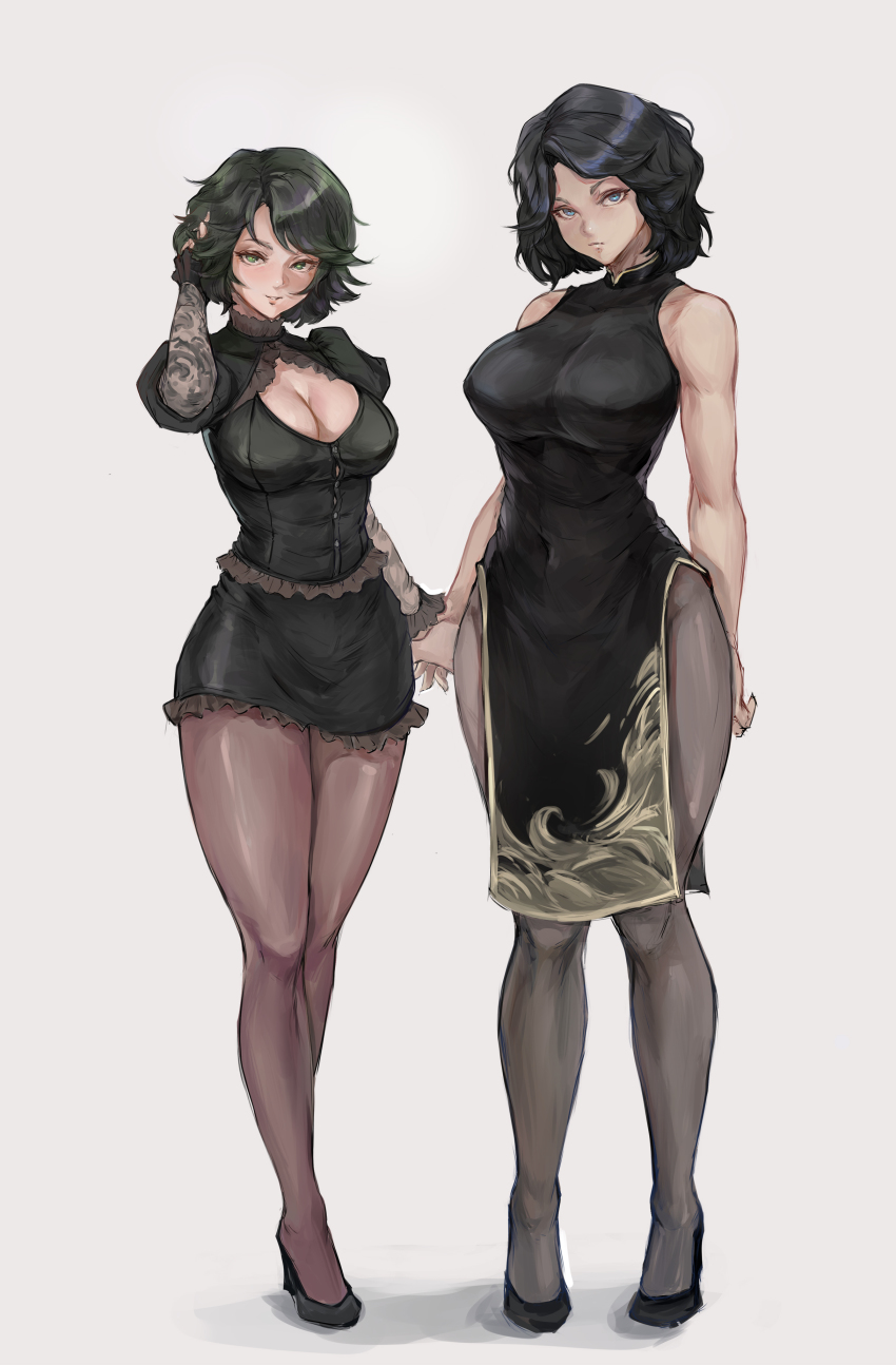 2girls, absurdres, bad_anatomy, bad_hands, black_dress, black_footwear, black_hair, black_pantyhose