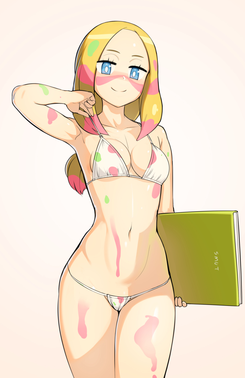 absurdres, bare_shoulders, bikini, bikini_tug, blue_eyes, blush, bodypaint, book