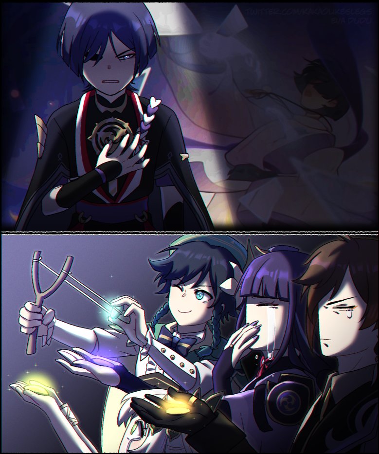 2girls, 3boys, black_gloves, blunt_bangs, braid, braided_ponytail, bridal_gauntlets, commentary