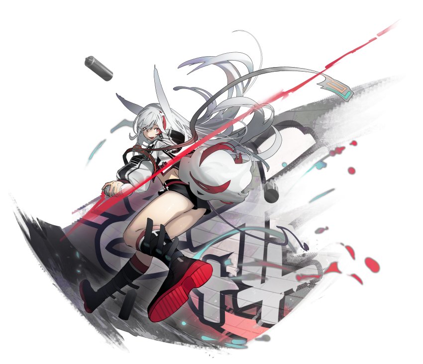 1girl, absurdres, animal_ears, black_boots, black_shorts, boots, brick_wall, can