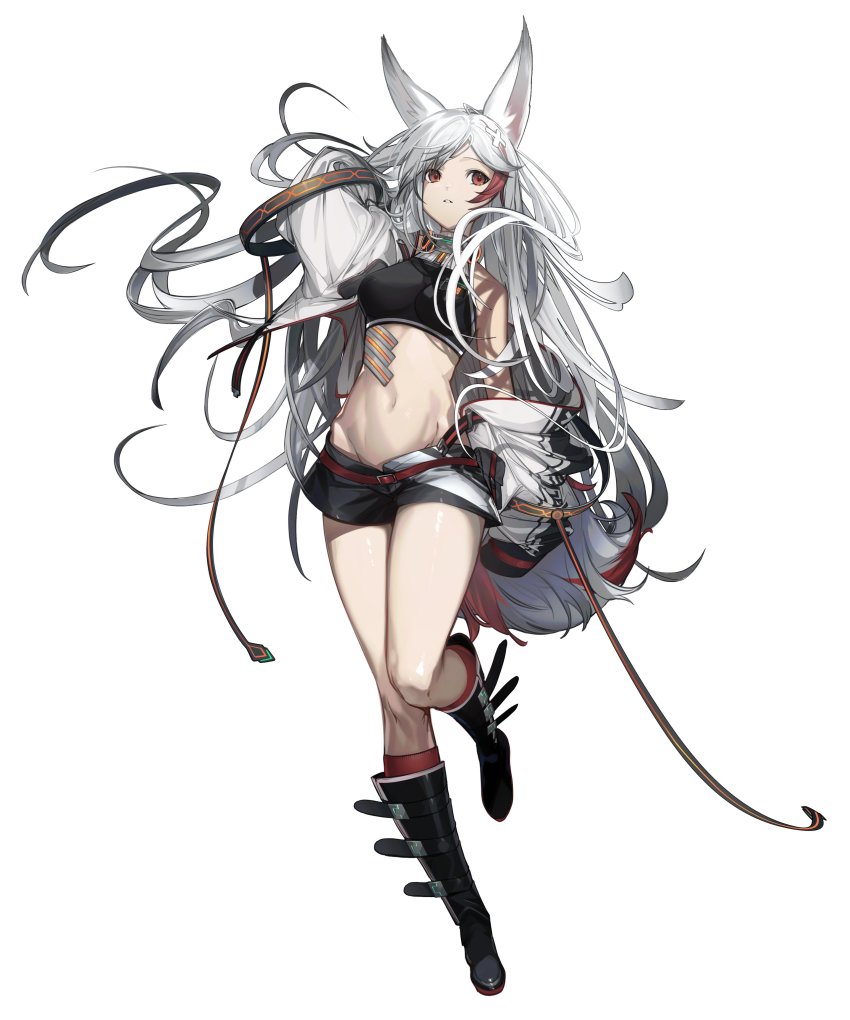 1girl, absurdres, animal_ears, arm_up, belt, black_boots, black_shirt, black_shorts, boots, breasts, covered_erect_nipples, crop_top, fox_ears, fox_girl, fox_tail, full_body, groin, hair_ornament, highres, jacket, kneehighs, long_hair, manao_chikage, medium_breasts, midriff, multicolored_hair, navel, nishikikope, red_eyes, red_socks, shirt, short_shorts, shorts, socks, solo, standing, streaked_hair, tail, v_maison, virtual_youtuber, white_jacket, x_hair_ornament