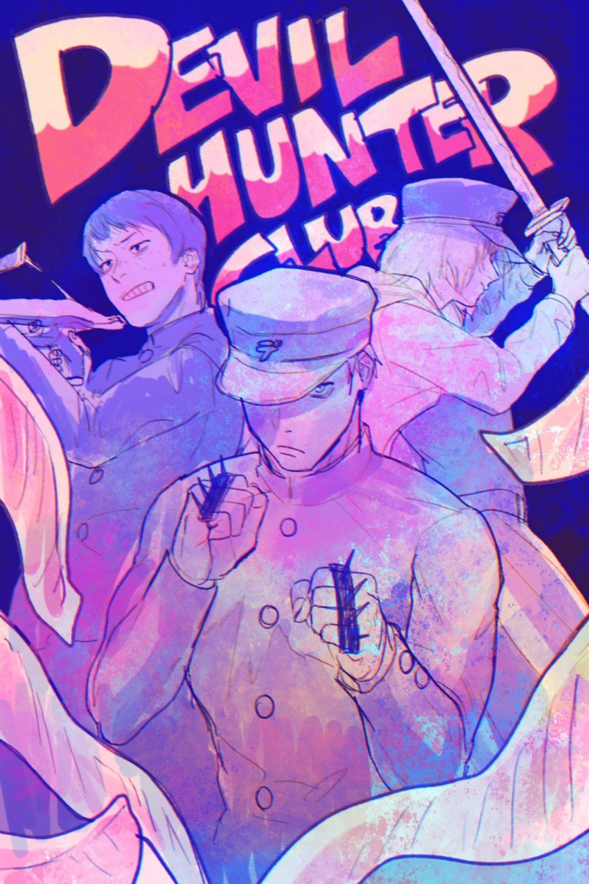 1girl, 2boys, aiming, akoku_seigi, bow_(weapon), chainsaw_man, character_request, closed_mouth