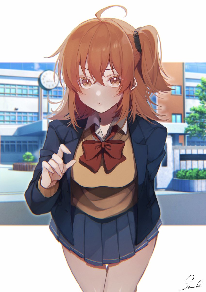 1girl, ahoge, arm_behind_back, black_jacket, black_scrunchie, border, bow, bowtie