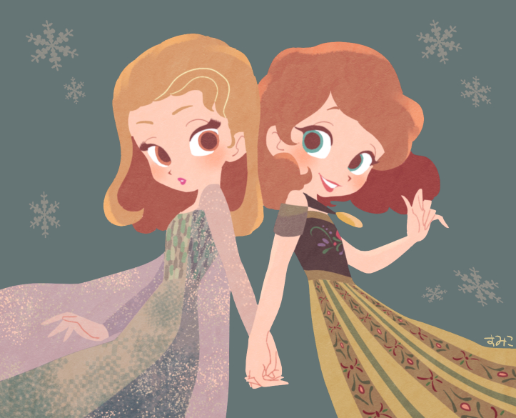 2girls, alternate_costume, anna_(frozen), anna_(frozen)_(cosplay), blonde_hair, blue_dress, blue_eyes, brown_hair