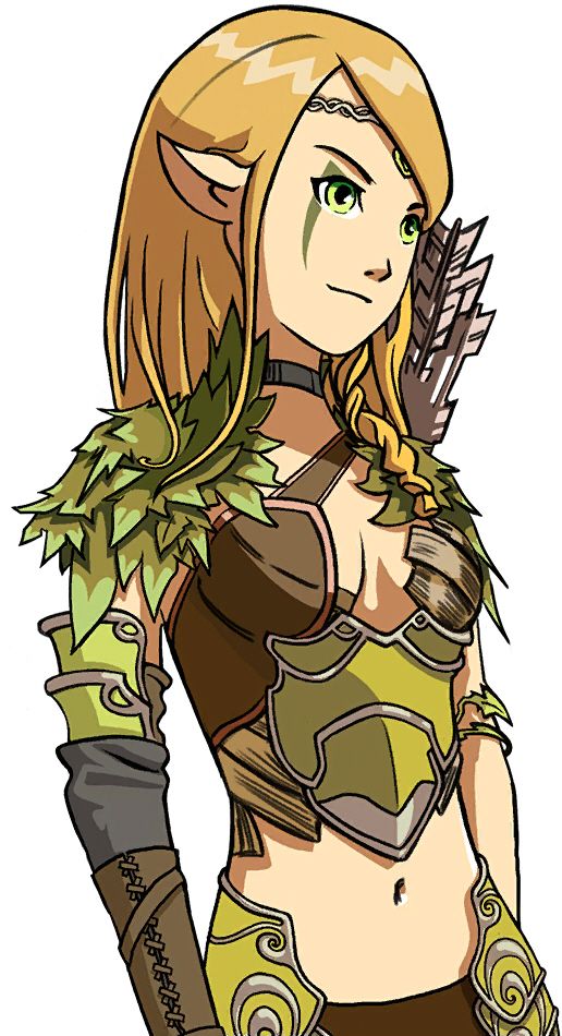 1girl, anwen, arm_guards, armor, arrow_(projectile), blonde_hair, bracelet, braid, breasts, choker, clash_of_heroes, diadem, elf, faulds, gauntlets, green_eyes, hunter, jewelry, leather, leaves, long_hair, makeup, medium_breasts, might_and_magic, navel, official_art, pointy_ears, shoulder_pads, smile, solo, ubisoft, white_background, wood
