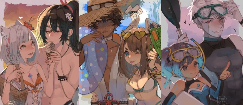 3boys, 3girls, arm_around_another's_waist, bikini, black_hair, breast_tattoo, breasts, brown_hair