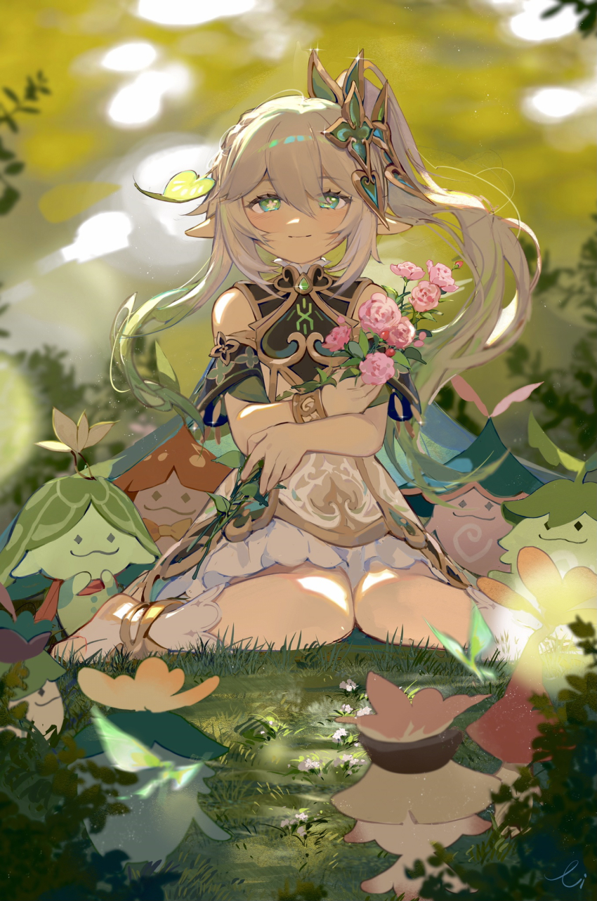 1girl, 6+others, aranara_(genshin_impact), bare_shoulders, blurry, blurry_background, blurry_foreground, bracelet, bush, cape, chinese_commentary, closed_mouth, commentary_request, cross-shaped_pupils, crossed_arms, dappled_sunlight, dress, floating_hair, flower, genshin_impact, gradient_hair, grass, green_cape, green_eyes, green_hair, hair_between_eyes, hair_ornament, highres, holding, holding_flower, jewelry, lizi_(st3648), long_hair, looking_at_viewer, multicolored_hair, multiple_others, nahida_(genshin_impact), off-shoulder_dress, off_shoulder, on_ground, outdoors, pink_flower, pink_rose, pointy_ears, rose, short_sleeves, sitting, smile, stirrup_footwear, sunlight, symbol-shaped_pupils, toeless_footwear, tree, wariza, white_dress, white_footwear, white_hair