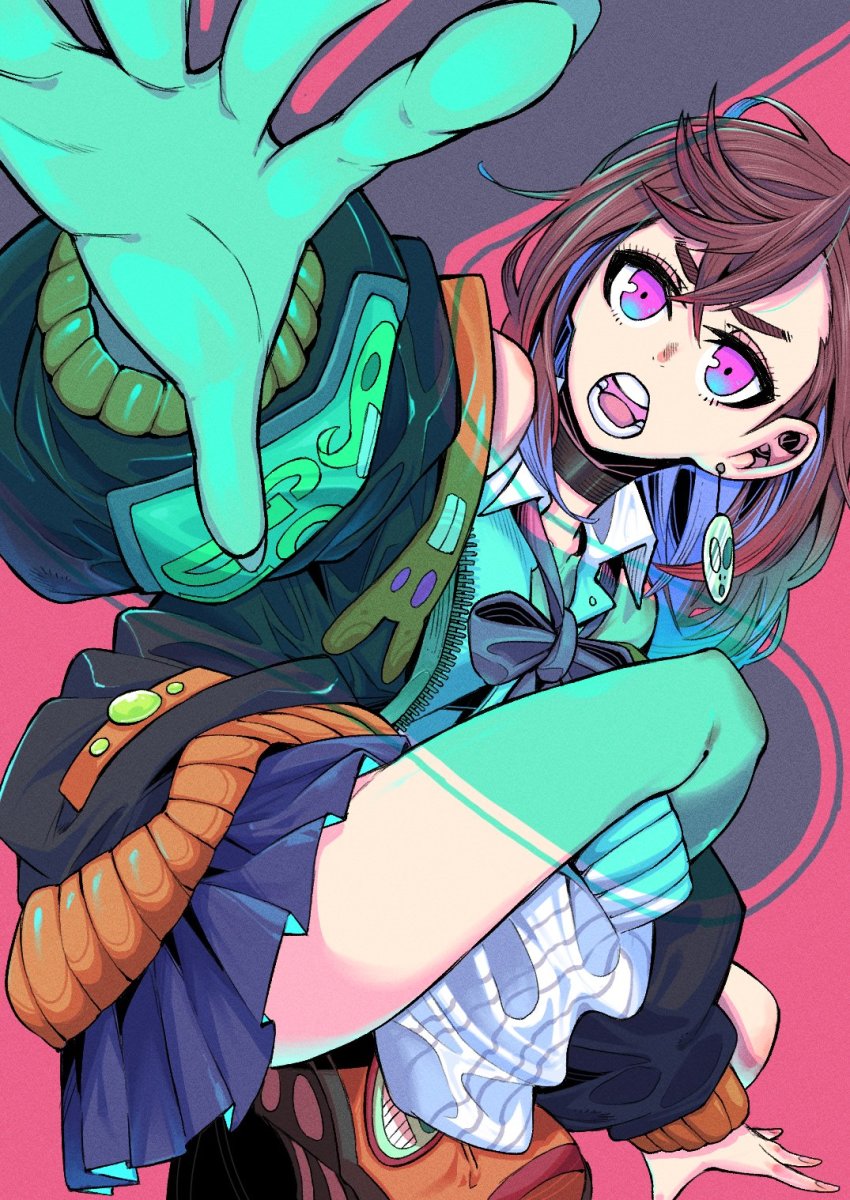 1girl, alien, alternate_costume, ayase_momo, black_choker, bow, brown_hair, choker, collared_shirt, dandadan, earrings, highres, jacket, jacket_partially_removed, jewelry, letterman_jacket, looking_at_viewer, loose_socks, medium_hair, miniskirt, open_mouth, pink_hair, psychic, purple_eyes, reaching, reaching_towards_viewer, shirt, skirt, socks, solo, squatting, tassel, tassel_earrings, tetsu_booya, white_shirt