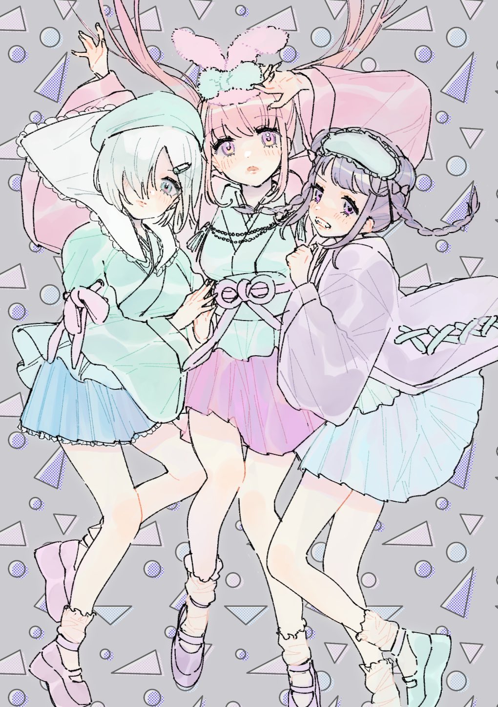 3girls, animal_ears, bow, braid, breasts, denonbu, double_bun, grey_hair