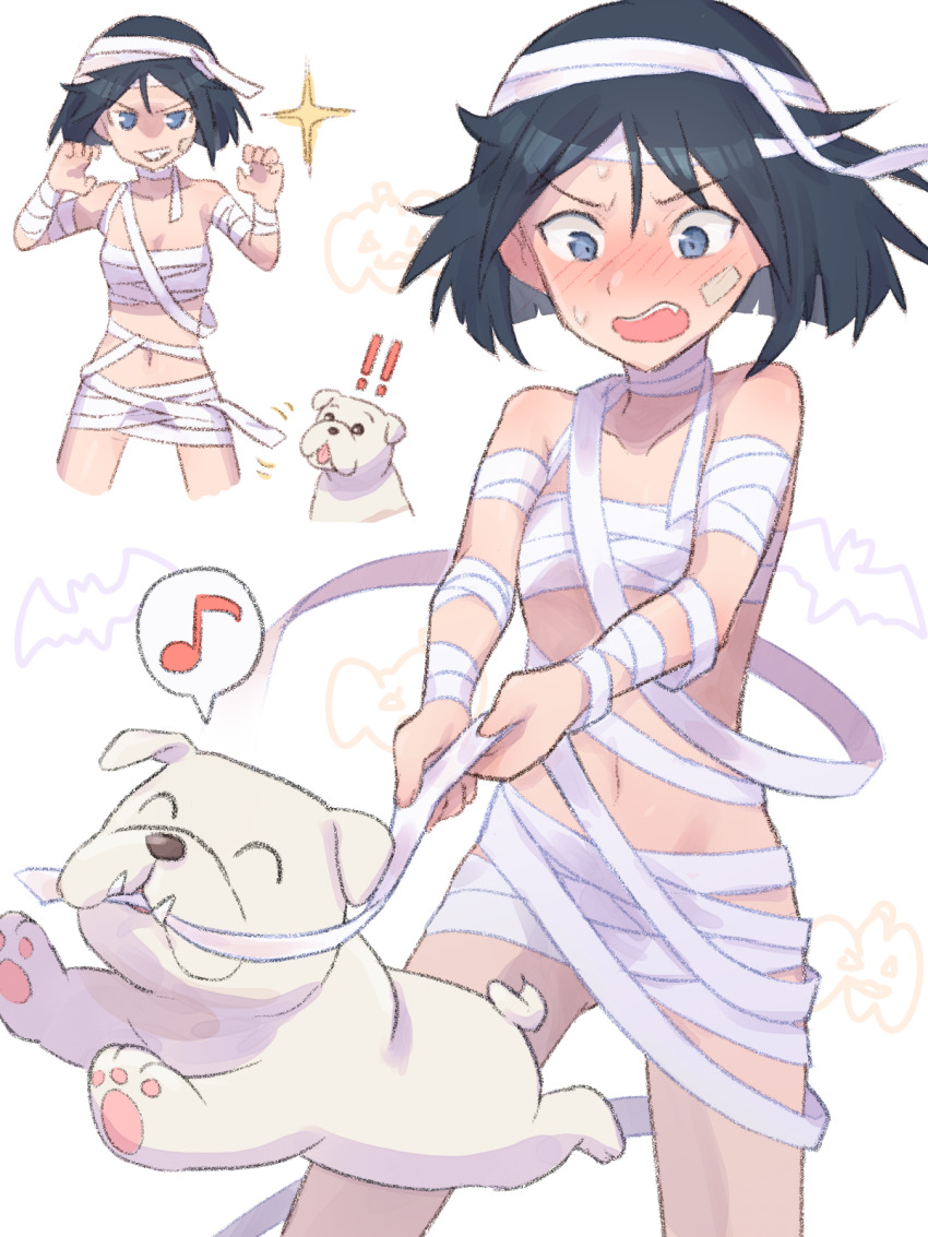 1girl, bandages, bandaid, bandaid_on_face, black_hair, blue_eyes, blush, brave_witches, breasts, collarbone, dog, gluteal_fold, grin, hato_ni_olive_teppou, highres, kanno_naoe, looking_at_viewer, multiple_views, mummy_costume, navel, short_hair, simple_background, small_breasts, smile, white_background, world_witches_series