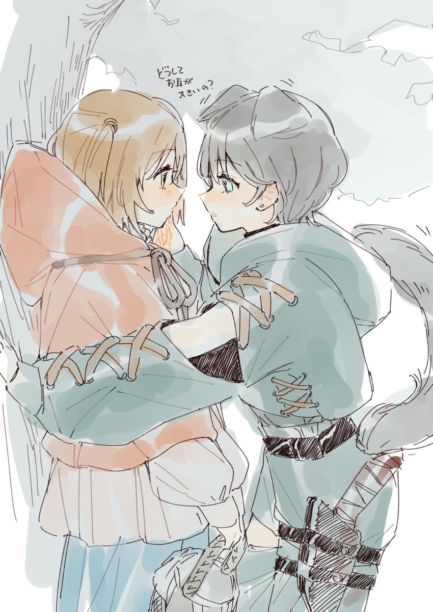 2girls, animal_ears, blue_eyes, brown_hair, cosplay, denonbu, green_eyes, hidaka_reina_(denonbu), highres, hood, hoodie, little_red_riding_hood_(fairy_tale), little_red_riding_hood_(fairy_tale_character)_(cosplay), little_red_riding_hood_(fairy_tale_character), long_sleeves, multiple_girls, navel, ogami_matoi, short_hair, shorts, side_ponytail, skirt, tail, translated, tree, watch_aruko, wolf_tail