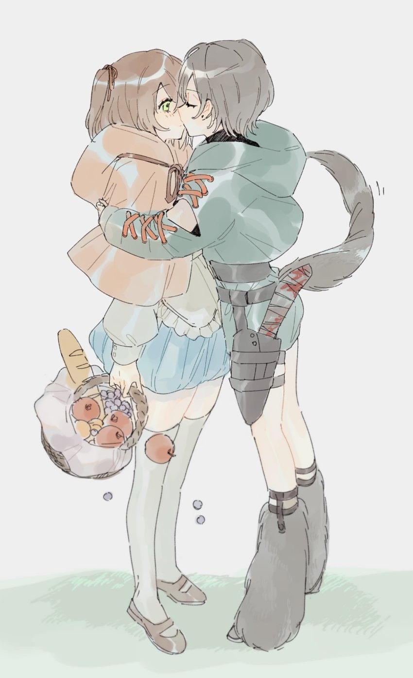 2girls, animal_ears, basket, brown_hair, cosplay, denonbu, dress, food