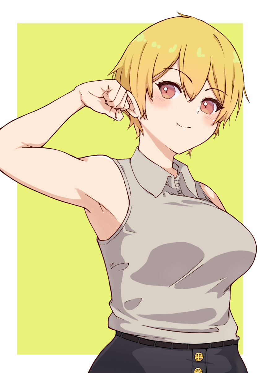 1girl, black_skirt, blonde_hair, blue_period, blush, breasts, hand_up, highres, large_breasts, looking_at_viewer, miki_kinemi, orange_eyes, shirt, short_hair, skirt, sleeveless, sleeveless_shirt, smile, solo, standing, tsuperie, yellow_background