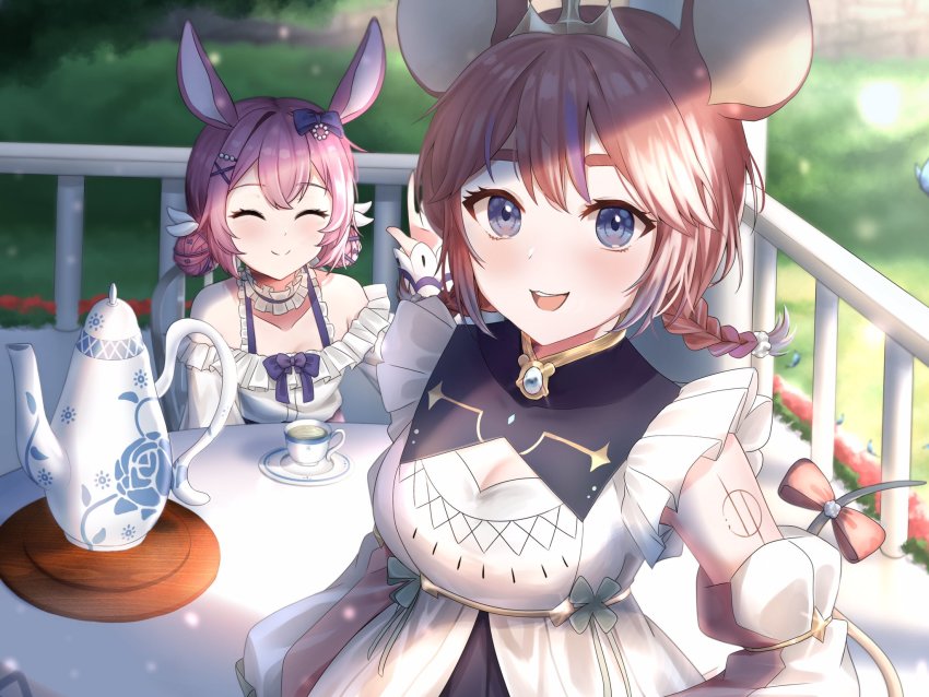 2girls, animal_ears, blue_bow, blue_eyes, blurry, blurry_background, bow, braid