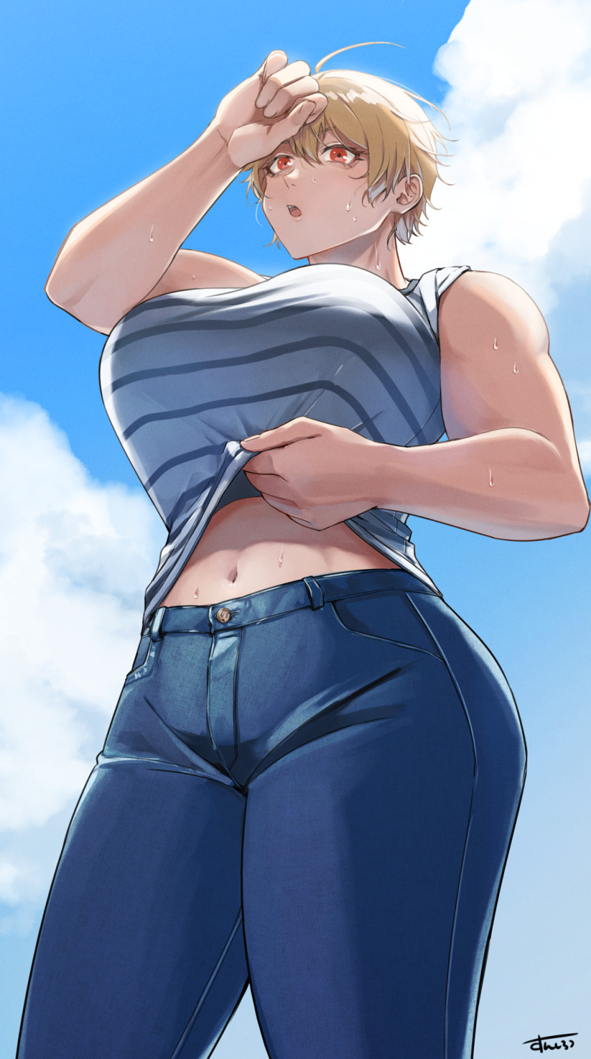 1girl, bare_shoulders, blonde_hair, blue_period, blue_sky, breasts, cloud, curvy, day, denim, highres, jeans, large_breasts, miki_kinemi, navel, open_mouth, outdoors, pants, red_eyes, shirt, short_hair, sky, solo, standing, striped_clothes, striped_shirt, sunsirou, sweat, thick_thighs, thighs, wiping_sweat