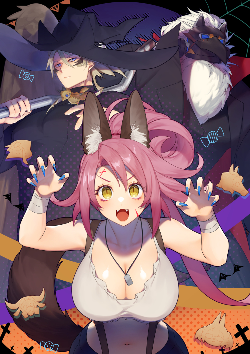 1girl, 2boys, animal_ear_fluff, animal_ears, bare_shoulders, black_coat, black_headwear, black_robe, black_skirt, blonde_hair, blue_eyes, blue_nails, breasts, claw_pose, cleavage, coat, collarbone, commentary_request, cowboy_shot, duel_monster, facial_mark, fangs, feathered_wings, fingernails, fox_ears, fox_tail, fur, goggles, hair_between_eyes, halloween, halloween_costume, hat, highres, holding, holding_staff, jewelry, kitt_(yu-gi-oh!), large_breasts, long_fingernails, long_hair, looking_at_viewer, mask, midriff, multiple_boys, nail_polish, navel, necklace, open_mouth, over_shoulder, pink_hair, ponytail, robe, short_hair, sidelocks, single_wing, skirt, slit_pupils, staff, standing, suspender_skirt, suspenders, tail, tank_top, tri-brigade_ferrijit_the_barren_blossom, tri-brigade_fraktall, tri-brigade_kerass, tri-brigade_kitt, tri-brigade_nervall, tri-brigade_rugal_the_silver_sheller, tri-brigade_shuraig_the_ominous_omen, vulture_(washizu0808), weapon, weapon_over_shoulder, white_hair, white_tank_top, wings, wizard, wizard_hat, yellow_eyes, yu-gi-oh!