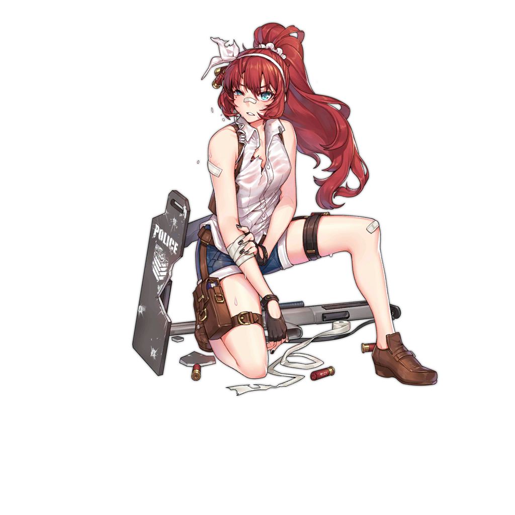 12-gauge, 12-gauge_(2_3/4_inch_shell), 1girl, ammunition, ballistic_shield, bandages, bandaid, blue_eyes