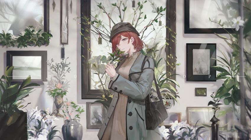 1girl, absurdres, bag, black_hat, brown_dress, brown_hair, chinese_commentary, coat, commentary_request, cowboy_shot, doveop, dress, grey_coat, hair_ornament, hairclip, handbag, hat, highres, higuchi_madoka, holding, idolmaster, idolmaster_shiny_colors, indoors, long_dress, long_sleeves, picture_frame, short_hair, solo, standing, through_medium, through_painting