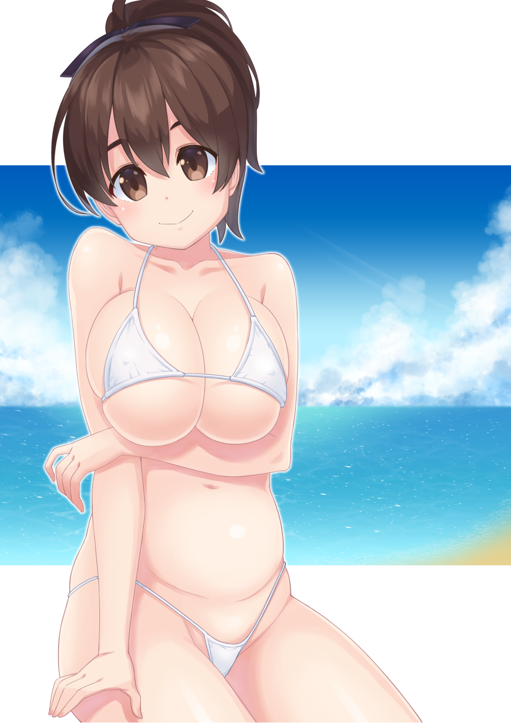1girl, beach, bikini, blue_sky, breast_hold, breasts, brown_eyes, brown_hair