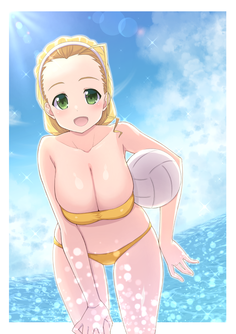 1girl, ball, bikini, blonde_hair, breasts, cleavage, cloud, curvy, day, girls_und_panzer, green_eyes, hair_up, hairband, hat, holding, holding_ball, igarashi_(igarashi_346), large_breasts, leaning_forward, long_hair, looking_at_viewer, ocean, open_mouth, outdoors, sasaki_akebi, sky, solo, swimsuit, swimsuithappy, thong, thong_bikini, volleyball_(object), wide_hips, yellow_bikini