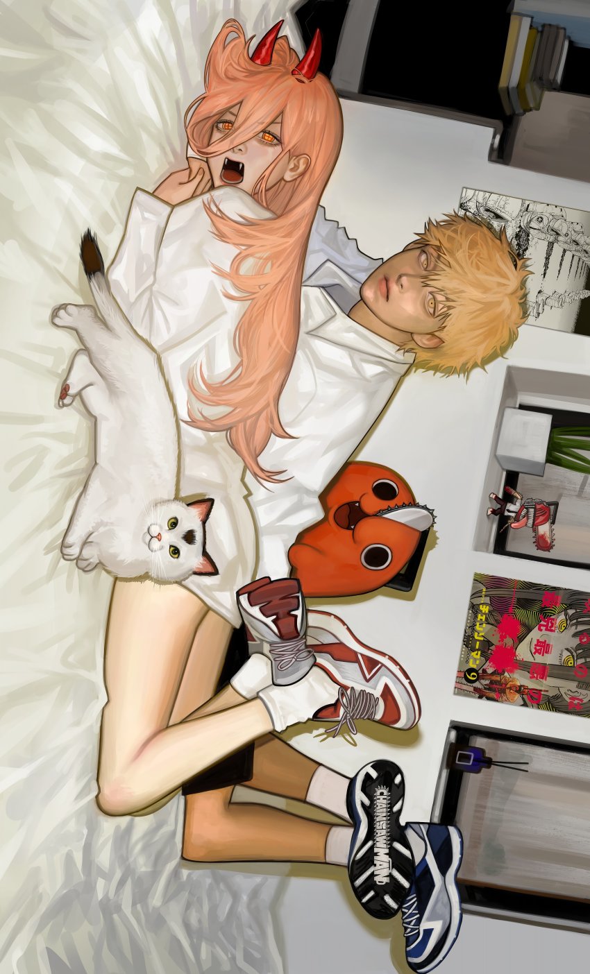1boy, 1girl, absurdres, blonde_hair, cat, chainsaw_man, closed_mouth, cross-shaped_pupils, denji_(chainsaw_man), fangs, hair_between_eyes, highres, horns, kangcono, long_hair, long_sleeves, looking_at_viewer, lying, on_back, pink_hair, poster_(object), power_(chainsaw_man), ringed_eyes, shirt, symbol-shaped_pupils, white_shirt, yellow_eyes