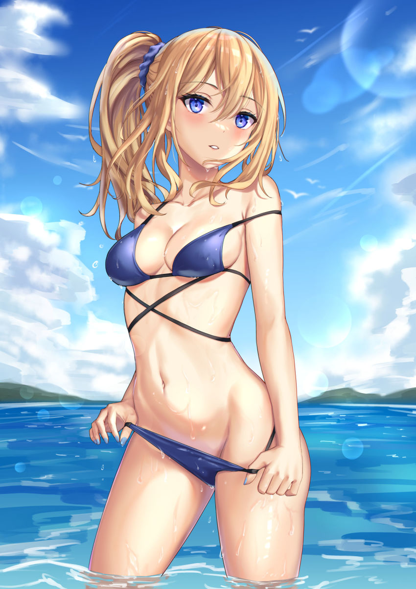1girl, absurdres, bare_shoulders, bikini, bikini_pull, blonde_hair, blue_bikini, blue_eyes
