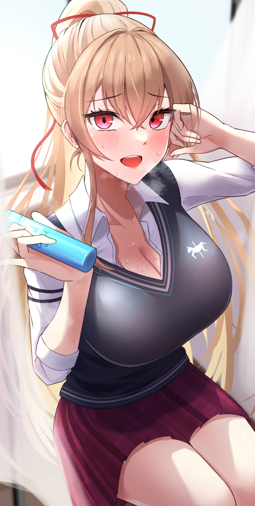 1girl, absurdres, amaya_(amaya_sakuratei), breasts, brown_hair, cleavage, collared_shirt, ear_piercing, furen_e_lustario, hair_between_eyes, highres, large_breasts, long_hair, looking_at_viewer, nijisanji, piercing, pleated_skirt, red_eyes, school_uniform, shirt, sitting, skirt, sleeves_rolled_up, sweat, sweater_vest, very_long_hair, virtual_youtuber