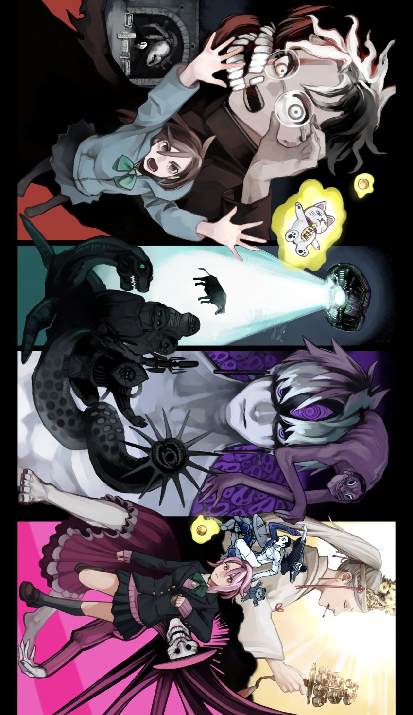 absurdres, acrobatic_silky_(dandadan), alien, all_fours, arm_up, arms_up, ayase_momo, ayase_seiko, black_hair, black_jacket, black_socks, blue_hoodie, bow, brown_hair, chiquitita, cigarette, closed_eyes, cow, crawling, dandadan, earrings, earthbound_spirit_crab_(dandadan), enjoji_jin, evil_eyes, exposed_muscle, extra_eyes, facial_mark, flatwoods_monster_(dandadan), floating, flying_saucer, forced_smile, gakuran, glasses, gold, green_bow, hat, highres, holding, holding_removed_eyewear, hood, hoodie, jacket, jewelry, long_hair, looking_at_viewer, manjiro_(dandadan), medium_hair, mr._mantis_shrimp, multicolored_hair, multiple_boys, multiple_girls, nakano_(2_mannaka), nessie_(dandadan), open_mouth, pink_hair, prehensile_hair, purple_eyes, ringed_eyes, ritual, robe, running, school_uniform, serpo_(dandadan), shiratori_aira_(dandadan), short_hair, sideways, skirt, smile, socks, spacecraft, spiked_hair, sun_hat, sweater_vest, takakura_ken_(dandadan), takakura_ken_(transformed)_(dandadan), taro_(dandadan), topless_male, transformation, tsuchinoko_(dandadan), tunnel, turbo_granny_(dandadan), two-tone_hair, unworn_eyewear, white_hair, white_robe, worm