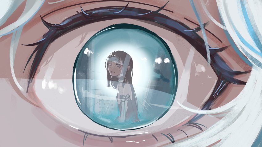 2girls, absurdres, black_collar, black_dress, blue_eyes, blue_hair, blunt_bangs, collar, dress, eye_focus, eye_reflection, gawr_gura, highres, hololive, hololive_english, lienliensn, long_hair, multicolored_hair, multiple_girls, ninomae_ina'nis, ninomae_ina'nis_(1st_costume), reflection, strapless, strapless_dress, tears, tentacle_hair, tube_dress, very_long_hair, virtual_youtuber