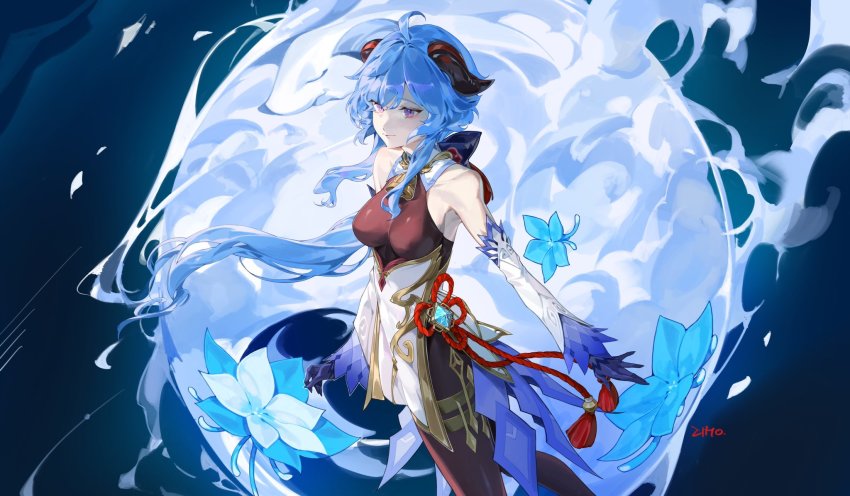 1girl, ahoge, bare_shoulders, bell, black_pantyhose, blue_flower, blue_hair, blush, breasts, chinese_knot, cowboy_shot, detached_sleeves, flower, flower_knot, ganyu_(genshin_impact), genshin_impact, glaze_lily, gold_trim, highres, horns, jewelry, kyeongsu_lee, long_hair, medium_breasts, neck_bell, orb, pantyhose, purple_eyes, sidelocks, smile, solo, standing, tassel, thighlet, thighs, vision_(genshin_impact), waist_cape, white_sleeves