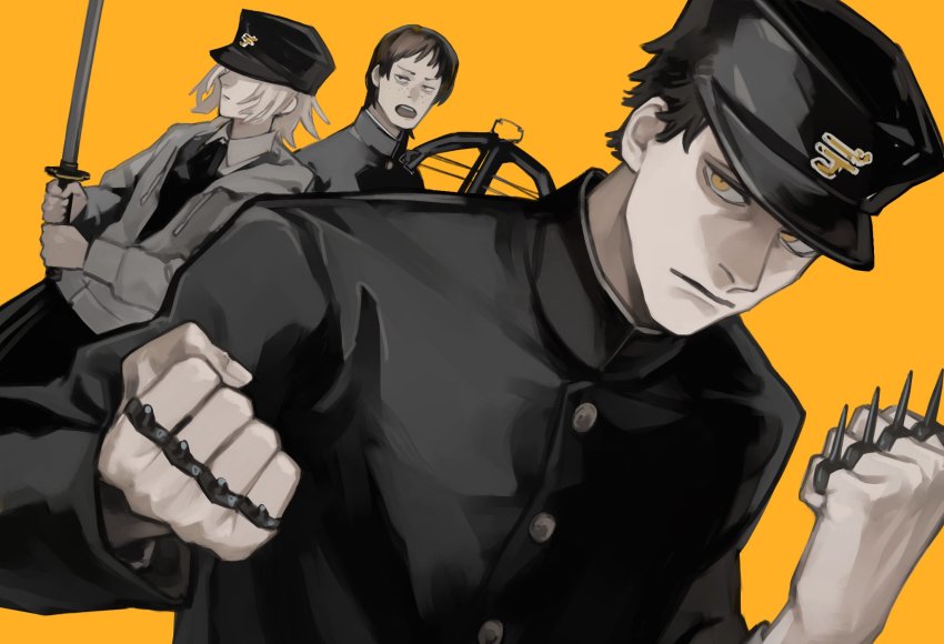 1girl, 2boys, akoku_seigi, black_jacket, bow_(weapon), brass_knuckles, chainsaw_man, clenched_hands