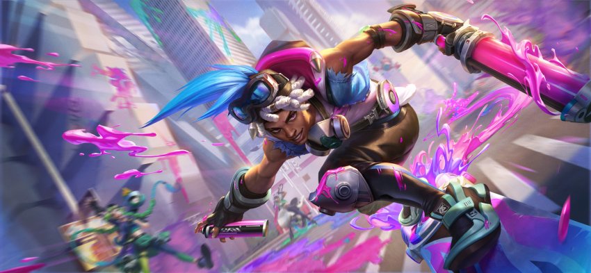 1boy, 2girls, absurdres, arm_up, black_gloves, black_pants, blue_hair, blurry, blurry_background, braid, building, chromacrash_ekko, chromacrash_jinx, chromacrash_samira, dark-skinned_male, dark_skin, day, dreadlocks, ekko_(league_of_legends), fingerless_gloves, gloves, glovs, green_hair, grin, highres, holding, holding_weapon, hoverboard, jinx_(league_of_legends), league_of_legends, male_focus, multiple_girls, official_art, outdoors, paint, pants, pink_eyes, samira, second-party_source, smile, solo_focus, twin_braids, weapon, white_hair