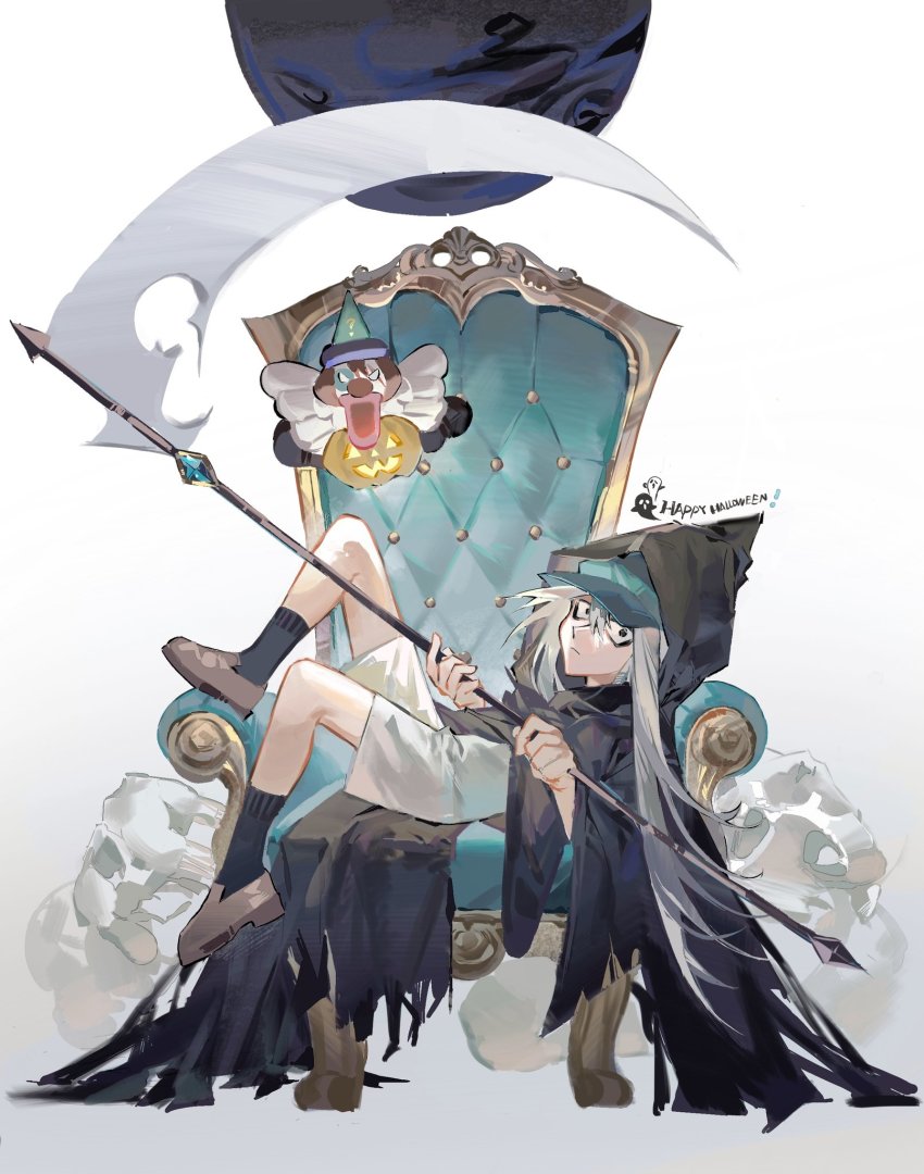 1boy, aged_down, aso54100857, blank_stare, child, floating, full_body, hat, highres, holding, holding_scythe, hunter_x_hunter, kite_(hunter_x_hunter), long_hair, long_sleeves, looking_at_viewer, lying, male_focus, nen_(hunter_x_hunter), on_back, on_throne, scythe, solo, throne, very_long_hair, white_hair