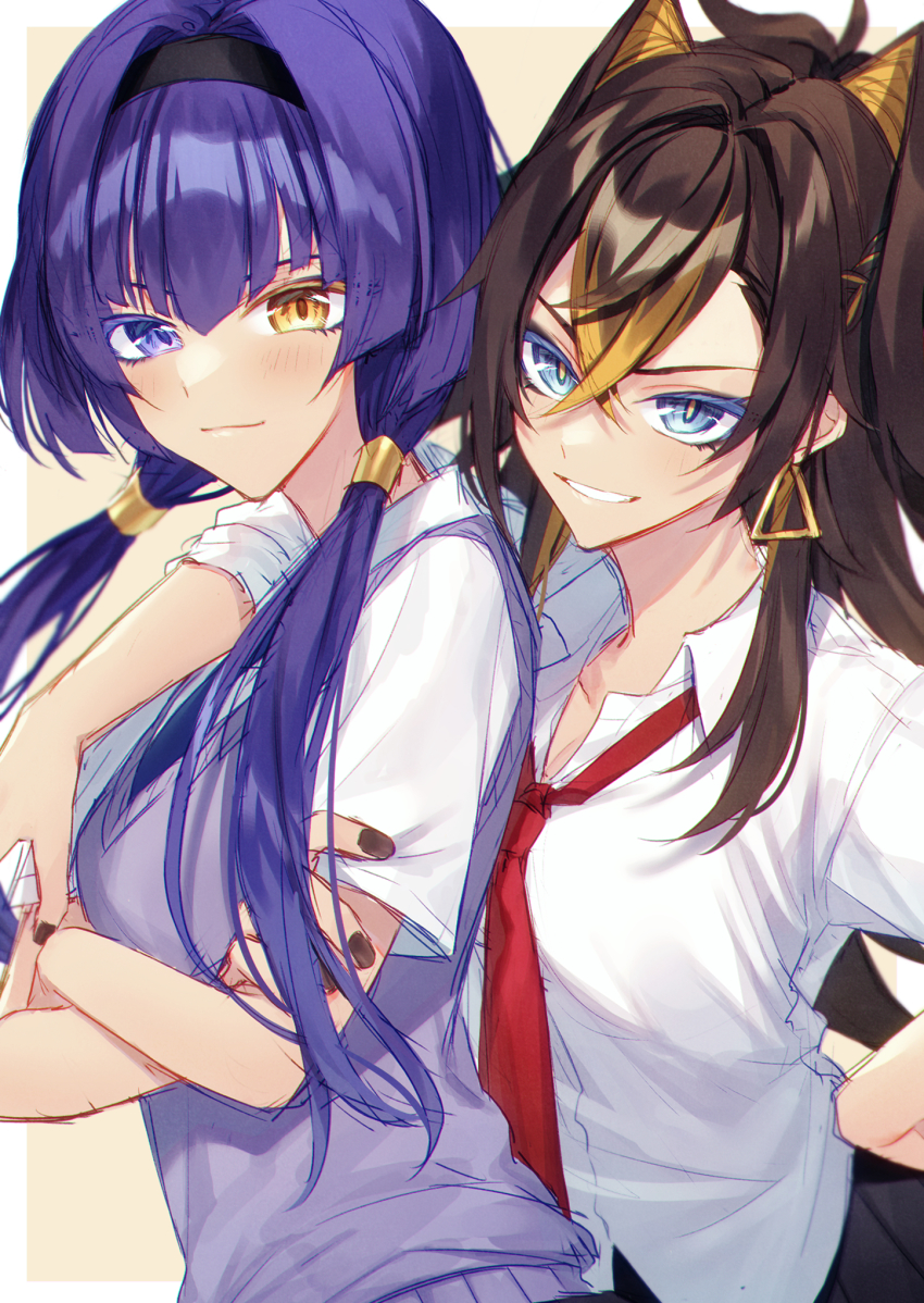 2girls, alternate_costume, arm_around_shoulder, black_hairband, black_nails, blonde_hair, brown_hair, candace_(genshin_impact), chobo_ume, colored_eyelashes, commentary_request, contemporary, crossed_arms, dehya_(genshin_impact), earrings, genshin_impact, grin, hair_between_eyes, hairband, heterochromia, highres, jewelry, long_hair, looking_at_viewer, low_twintails, multicolored_hair, multiple_girls, nail_polish, necktie, pointy_hair, purple_eyes, purple_hair, purple_vest, red_necktie, school_uniform, shirt, short_sleeves, smile, sweater_vest, twintails, vest, white_shirt, yellow_eyes