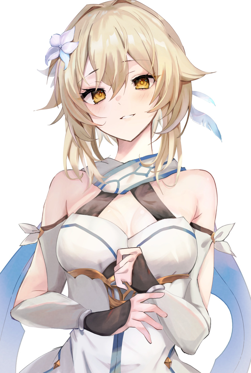 1girl, bare_shoulders, blonde_hair, blush, breasts, cleavage, detached_sleeves, dress