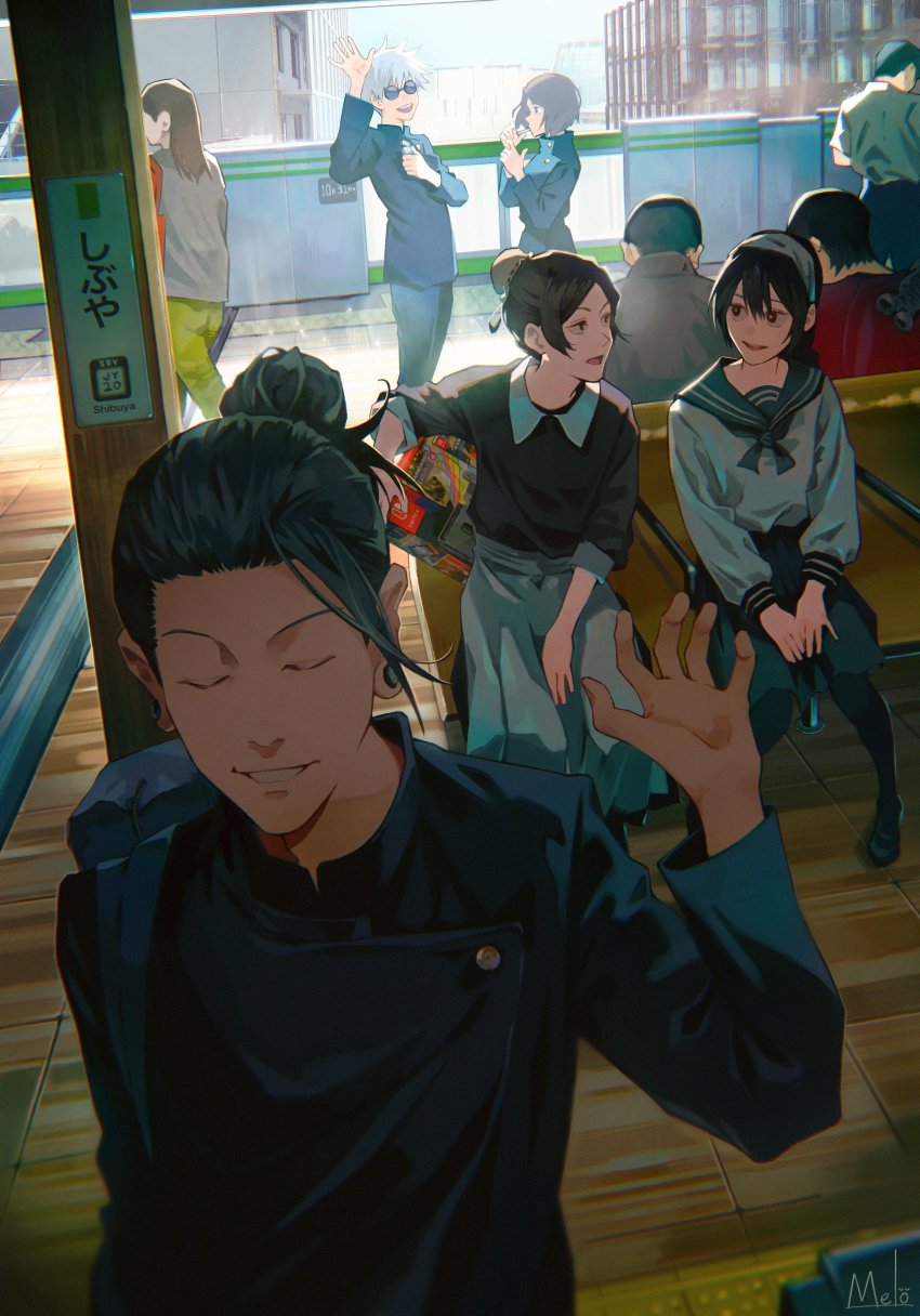 absurdres, amanai_riko, bag, black_hair, black_jacket, brown_hair, closed_eyes, earrings