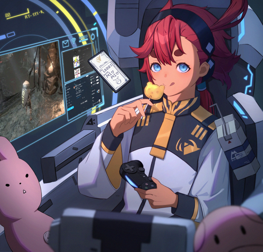 blue_eyes, cockpit, controller, game_controller, gundam, gundam_suisei_no_majo, hairband, haro