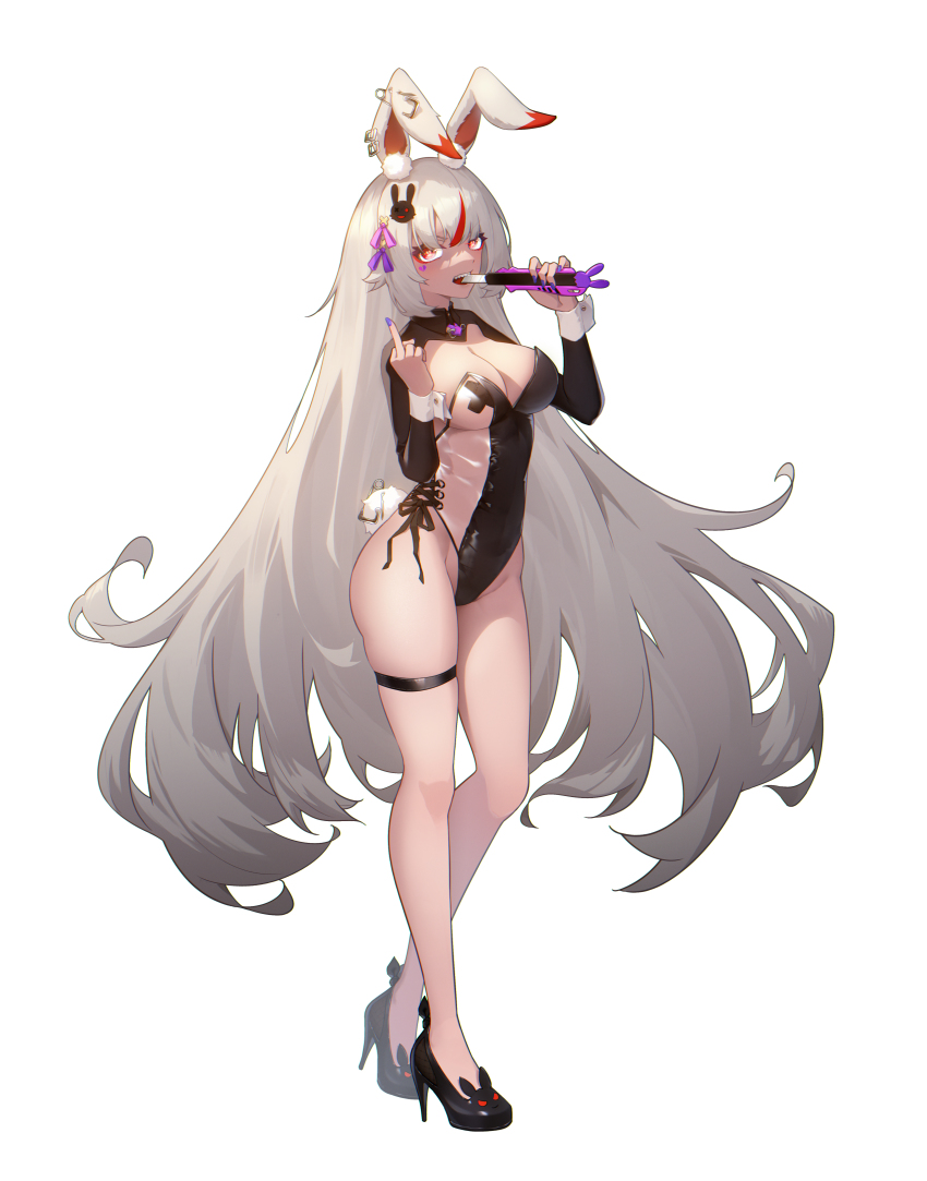 1girl, absurdres, aolo, black_leotard, black_shoes, boxcutter, breasts, cleavage