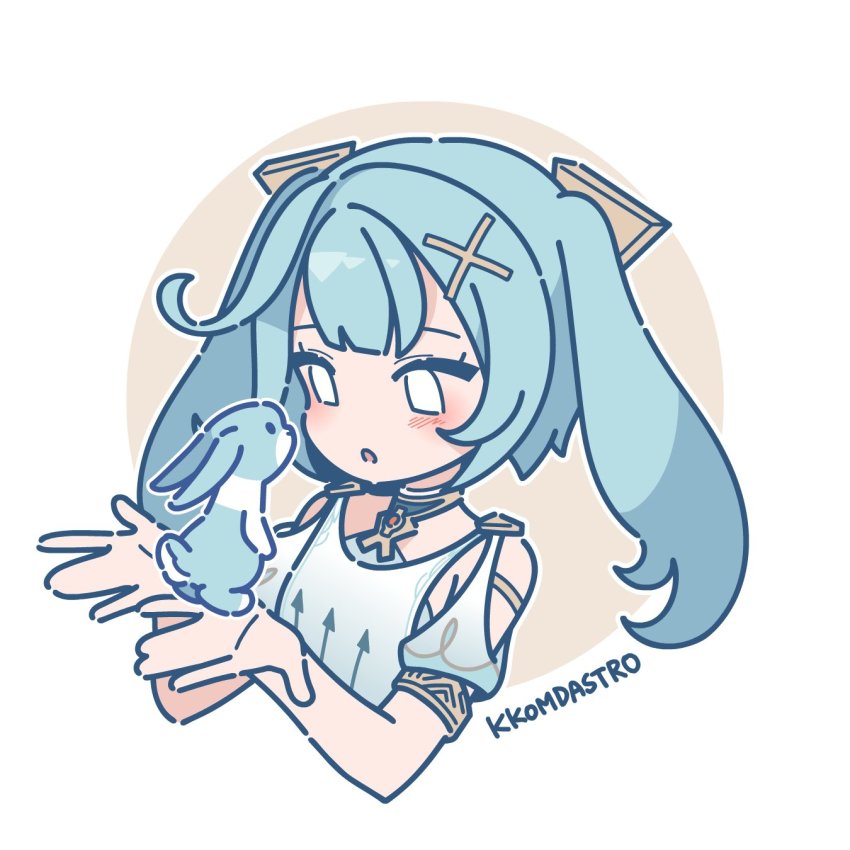 1girl, animal, armlet, arrow_print, blue_hair, blush, commentary, dress