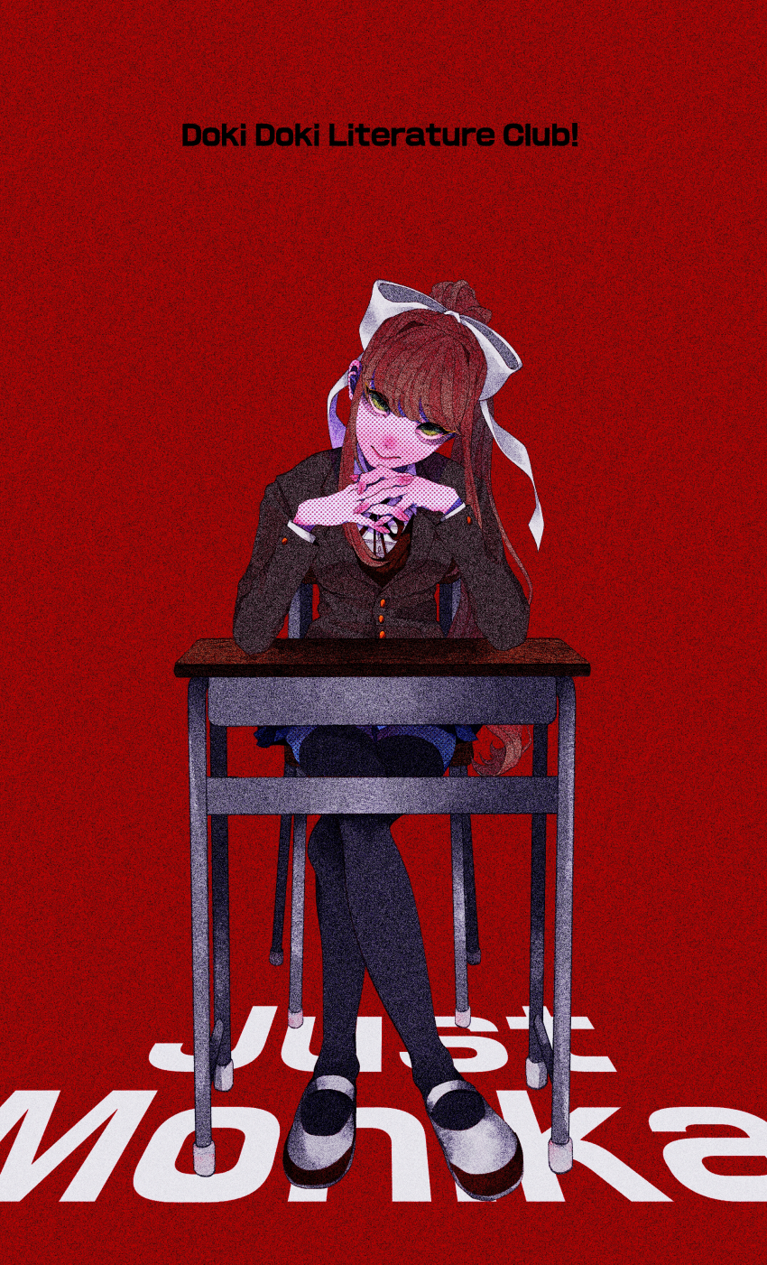 1girl, 385_(miyako), absurdres, black_pantyhose, doki_doki_literature_club, hair_between_eyes, hair_ornament, hair_ribbon, highres, looking_at_viewer, monika_(doki_doki_literature_club), own_hands_together, pantyhose, red_background, red_hair, ribbon, school_uniform, shoes, sidelocks, simple_background, sitting, solo, table, uwabaki, yellow_eyes