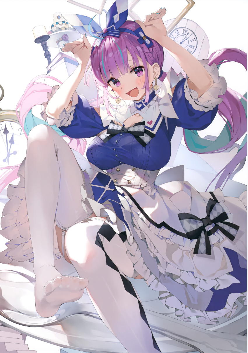 1girl, :d, absurdres, apron, arms_up, blue_dress, blue_hair, blue_hairband, blue_nails, book, bow_hairband, breasts, cake, clock, colored_inner_hair, dress, earrings, feet, floating_hair, food, frilled_apron, frilled_dress, frills, gaou_(umaiyo_puyoman), garter_straps, hairband, heart, heart_earrings, highres, hololive, jewelry, large_breasts, long_hair, minato_aqua, minato_aqua_(aqua_iro_in_wonder_land), multicolored_hair, nail_polish, no_shoes, open_mouth, picture_frame, puffy_short_sleeves, puffy_sleeves, purple_eyes, purple_hair, rabbit_pose, scan, short_sleeves, sitting, smile, solo, thighhighs, twintails, very_long_hair, virtual_youtuber, wall_clock, white_thighhighs