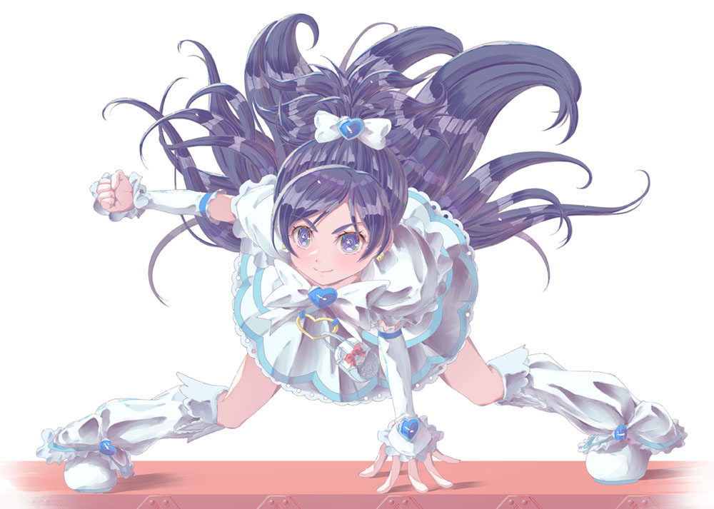 aikawa_yousuke, arm_warmers, black_hair, blue_eyes, bow, construction_site, cure_white, dress