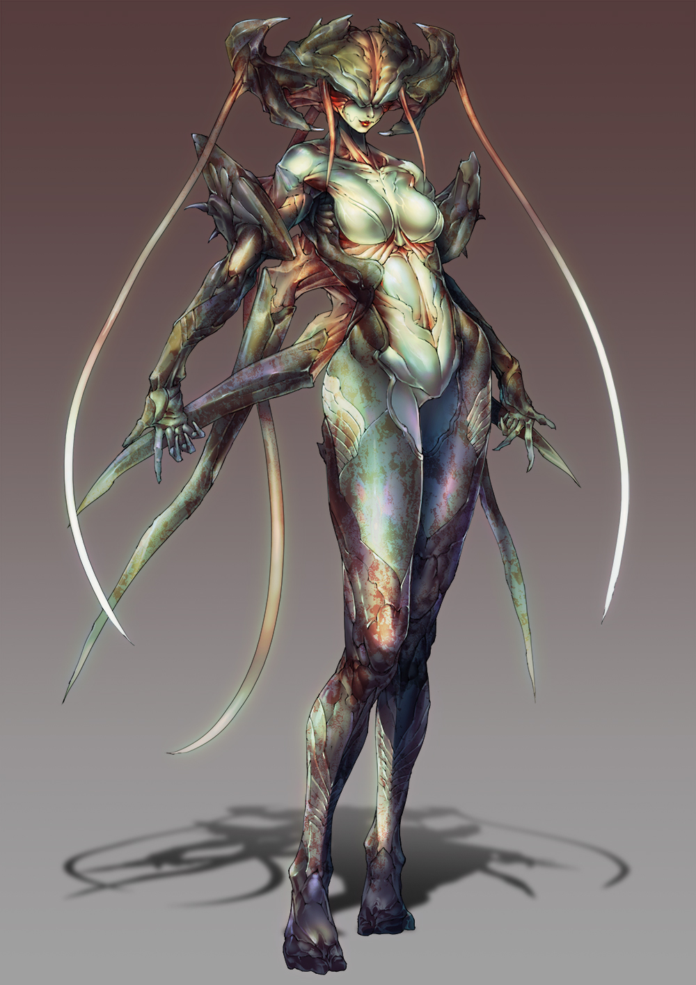 1girl, breasts, carapace, chinese_commentary, closed_mouth, colored_skin, commentary_request, covered_eyes