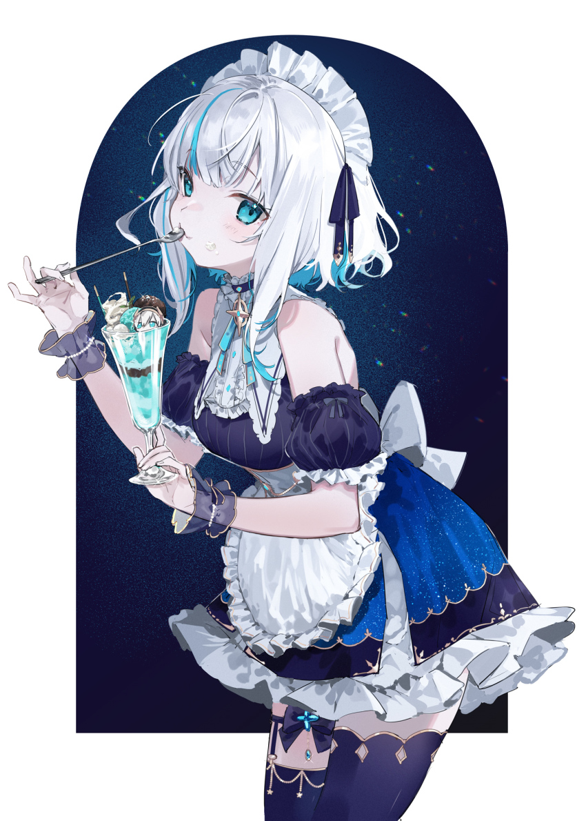 1girl, :3, apron, ars_almal, ars_almal_(7th_costume), asymmetrical_legwear, back_bow, bare_shoulders, black_thighhighs, blue_eyes, blue_hair, blue_ribbon, bow, choker, colored_inner_hair, cup, detached_sleeves, dress, food, food_on_face, frilled_apron, frilled_dress, frills, gold_trim, guru_(nicocco), highres, holding, holding_cup, holding_spoon, ice_cream, looking_at_viewer, maid, maid_headdress, mint_chocolate, multicolored_hair, neck_ribbon, nijisanji, parfait, puffy_detached_sleeves, puffy_short_sleeves, puffy_sleeves, ribbon, short_hair, short_sleeves, solo, space_print, spoon, star_(symbol), star_choker, starry_sky_print, streaked_hair, thigh_strap, thighhighs, virtual_youtuber, white_bow, white_hair